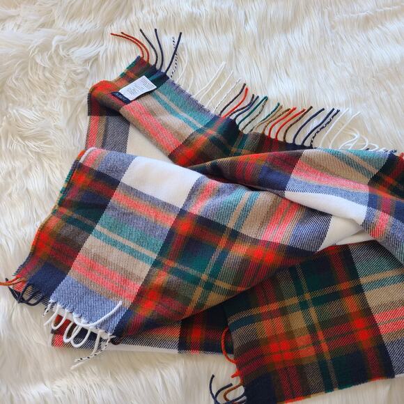 J. Crew Factory Classic Fringe Tartan Plaid Wide Long Scarf White Red Green EUC - Picture 3 of 3